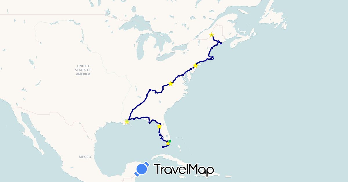 TravelMap itinerary: driving, bus, cycling, boat in Canada, United States (North America)