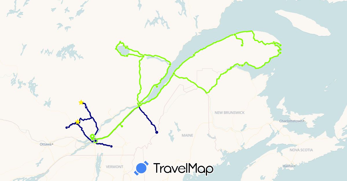 TravelMap itinerary: driving, road trip bastou in Canada (North America)